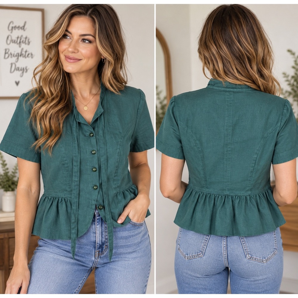 Tulle M Teal Linen Cotton Ruffle Jacket Short Sleeve Lined Retro Peplum Medium